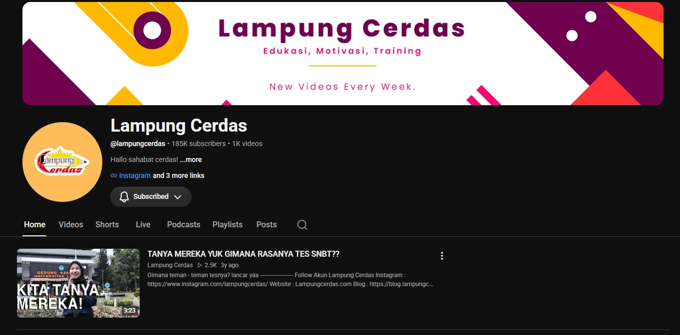 Lampung Cerdas YouTube profile and published work